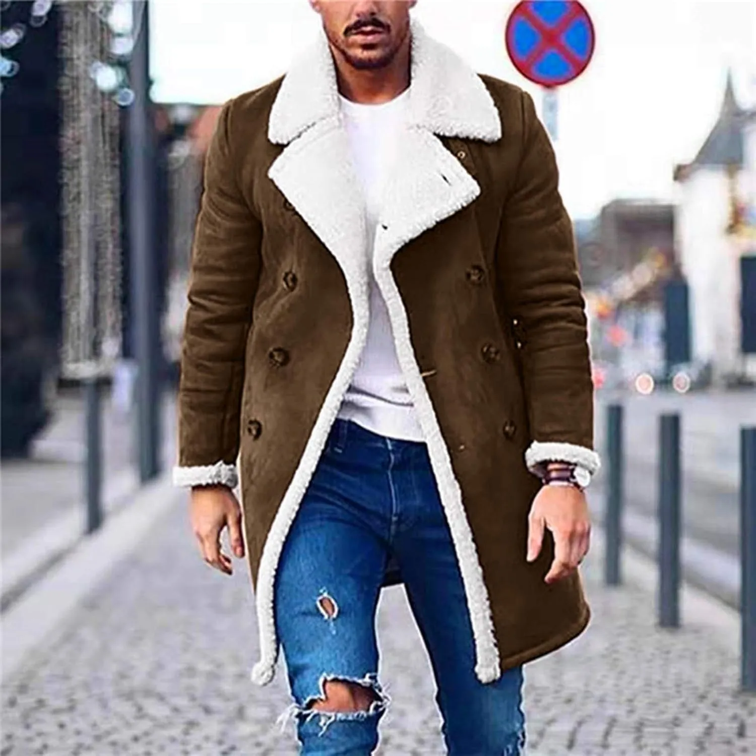 tuduoms Sherpa Black Leather Coat Men's Lapel Fleece Lined Leather Jacket Winter Warm Long Trench Coat Motorbike Bomber Coat