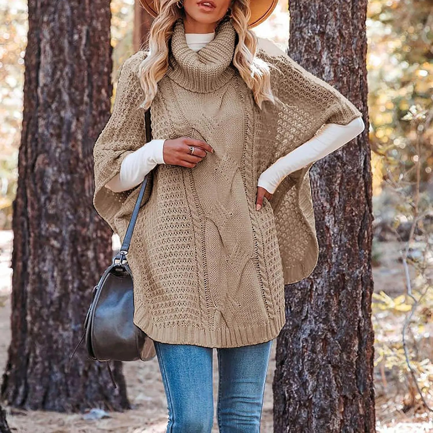 Turtleneck Sweater for Women Batwing Sleeve Knitted Poncho Pullovers Cable Knit Shawl Textured Wraps Oversized Cloak