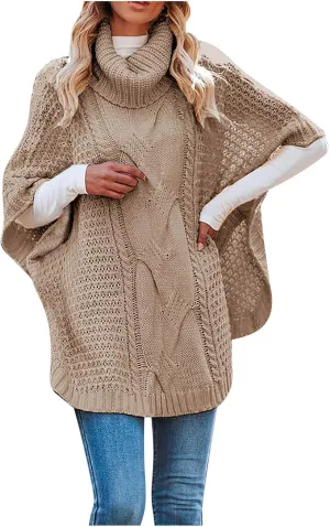 Turtleneck Sweater for Women Batwing Sleeve Knitted Poncho Pullovers Cable Knit Shawl Textured Wraps Oversized Cloak