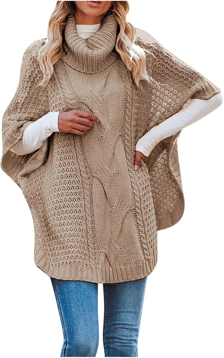 Turtleneck Sweater for Women Batwing Sleeve Knitted Poncho Pullovers Cable Knit Shawl Textured Wraps Oversized Cloak