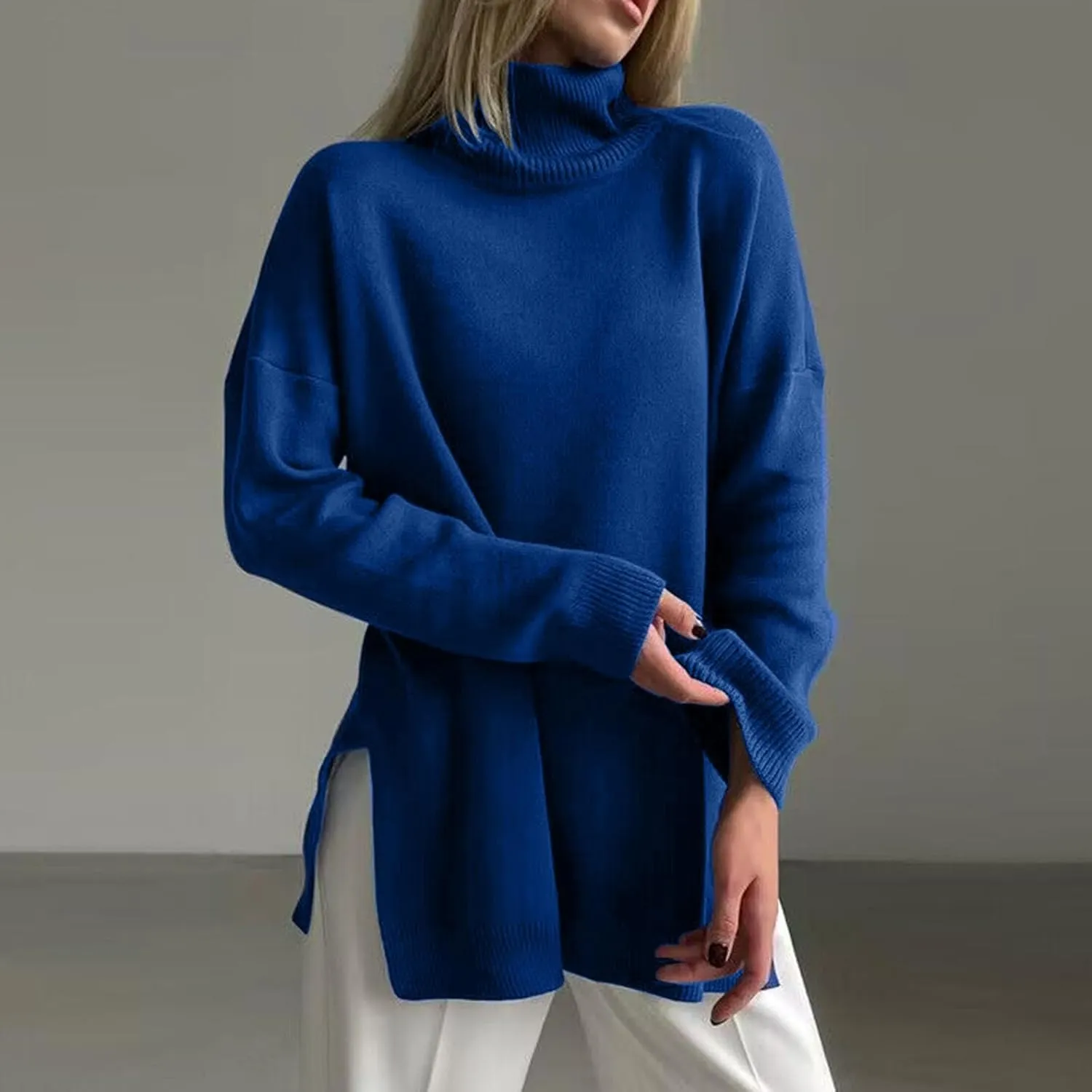 Turtleneck Sweater for Women Plus Size Fall 2024 Side Split Loose Pullover Tops Winter Solid Color Oversized Sweaters