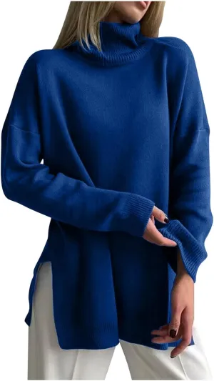 Turtleneck Sweater for Women Plus Size Fall 2024 Side Split Loose Pullover Tops Winter Solid Color Oversized Sweaters