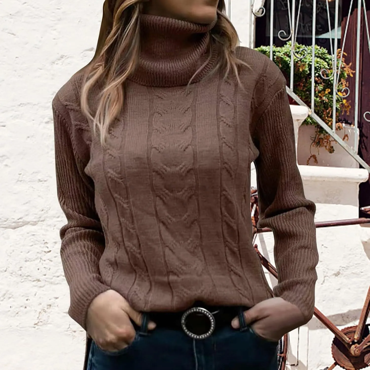 Turtleneck Sweater Women Cable Knit Sweaters Long Sleeve High Neck Fall Winter Warm Pullover Jumpers