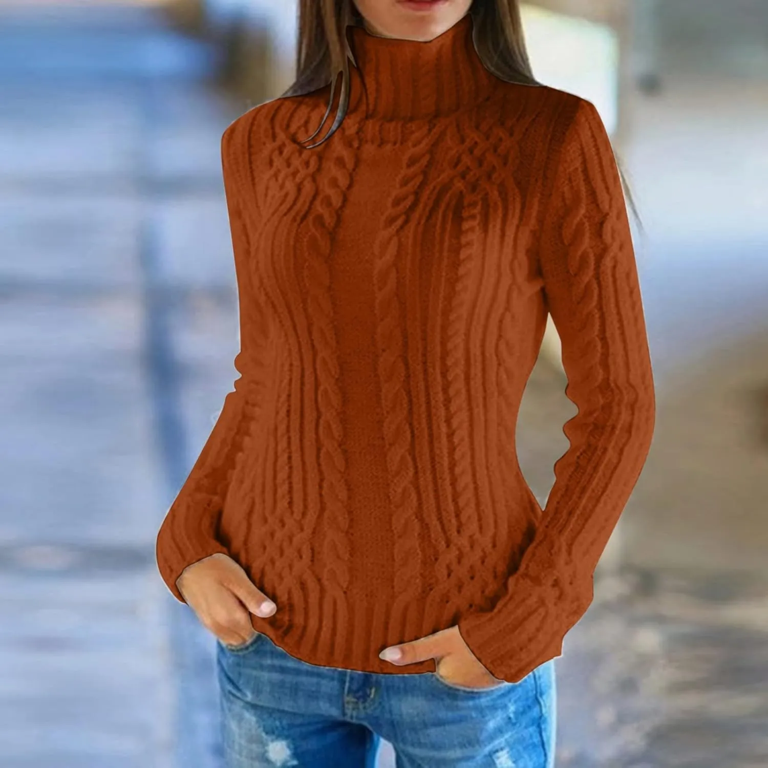 Turtleneck Sweater Women Cozy Cable Knit Sweaters Plus Size Tunic Pullover Jumper Tops