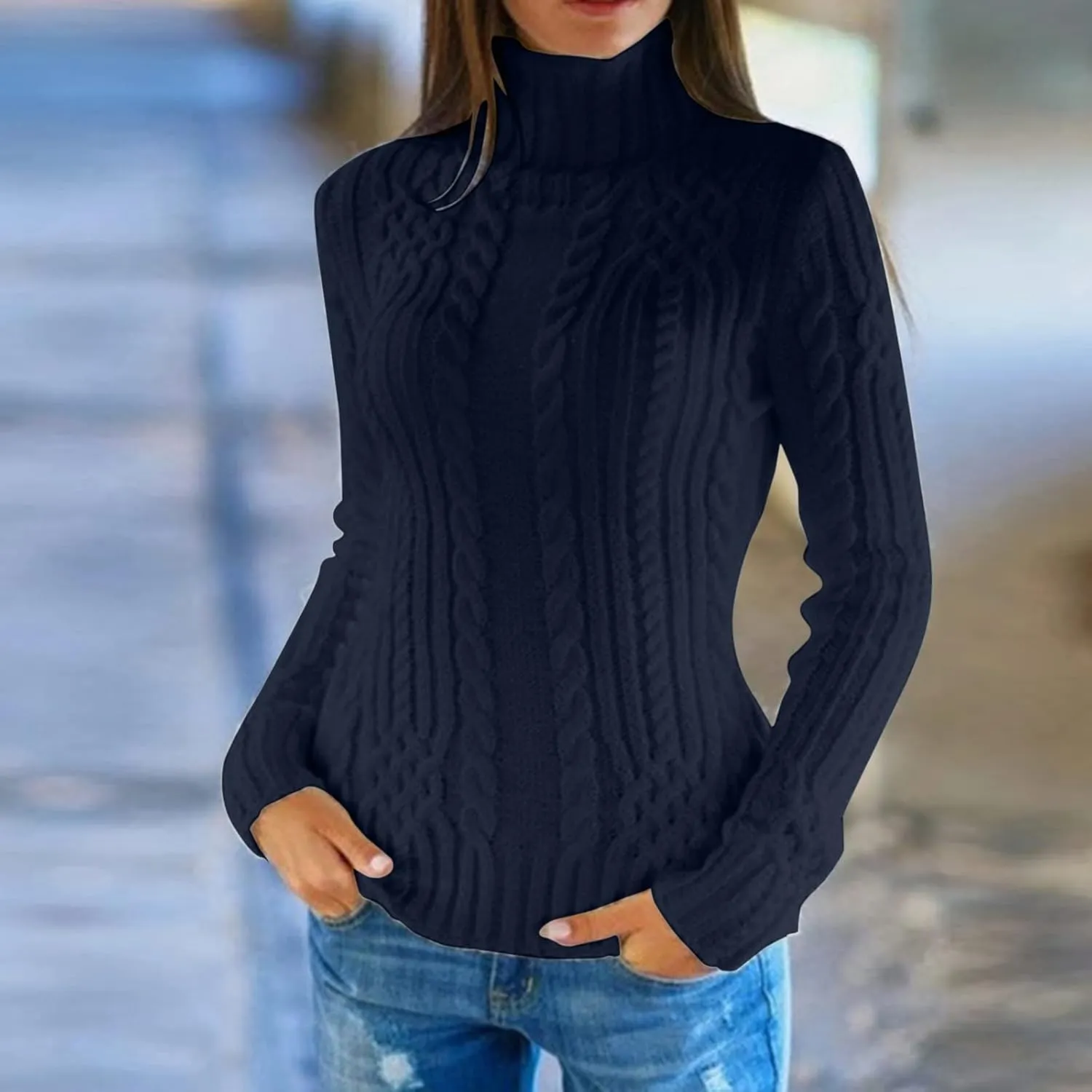 Turtleneck Sweater Women Cozy Cable Knit Sweaters Plus Size Tunic Pullover Jumper Tops