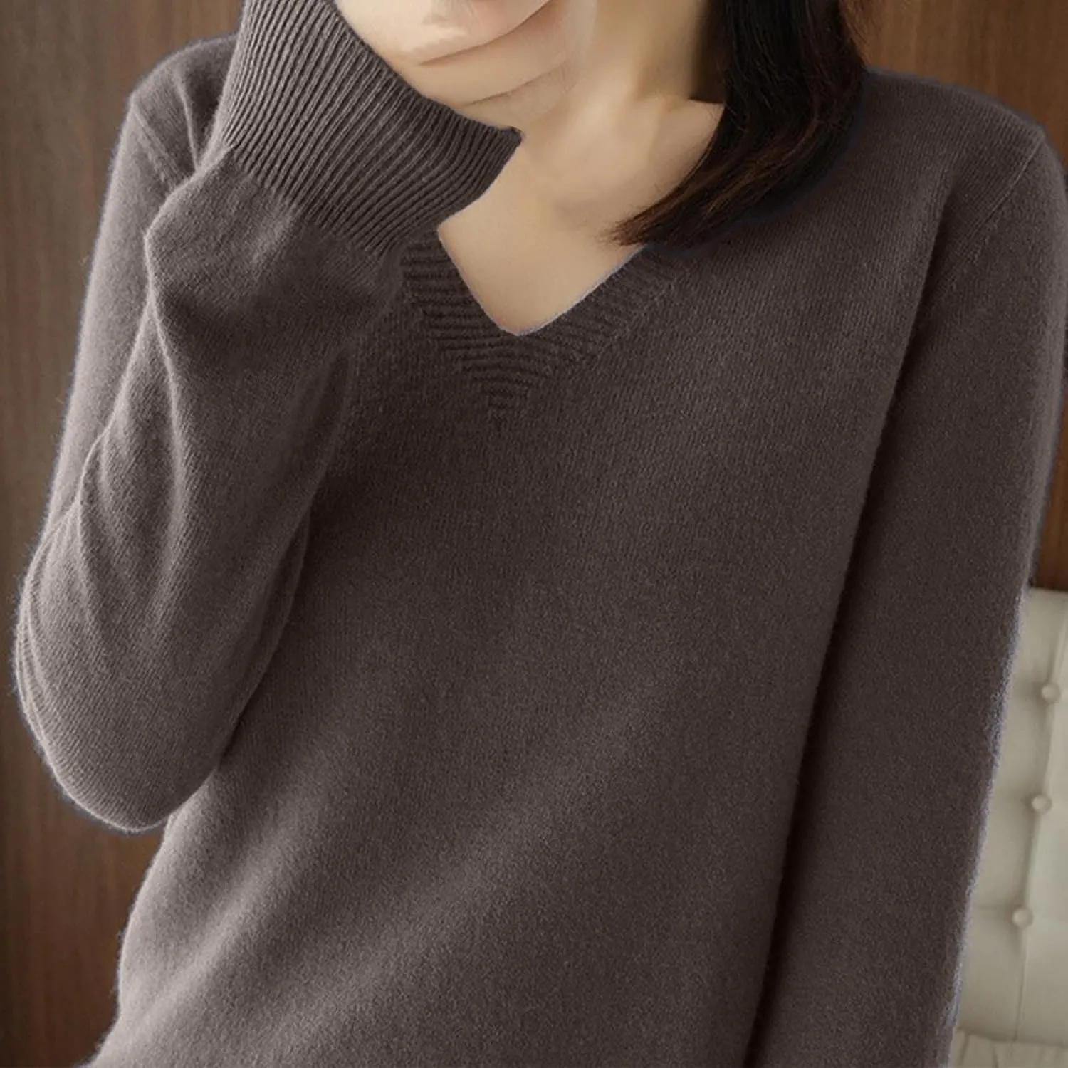V Neck Cashmere Sweater for Women Fashion Soft Warm Long Sleeve Sweaters Solid Color Lightweight Cozy Trendy Outfits
