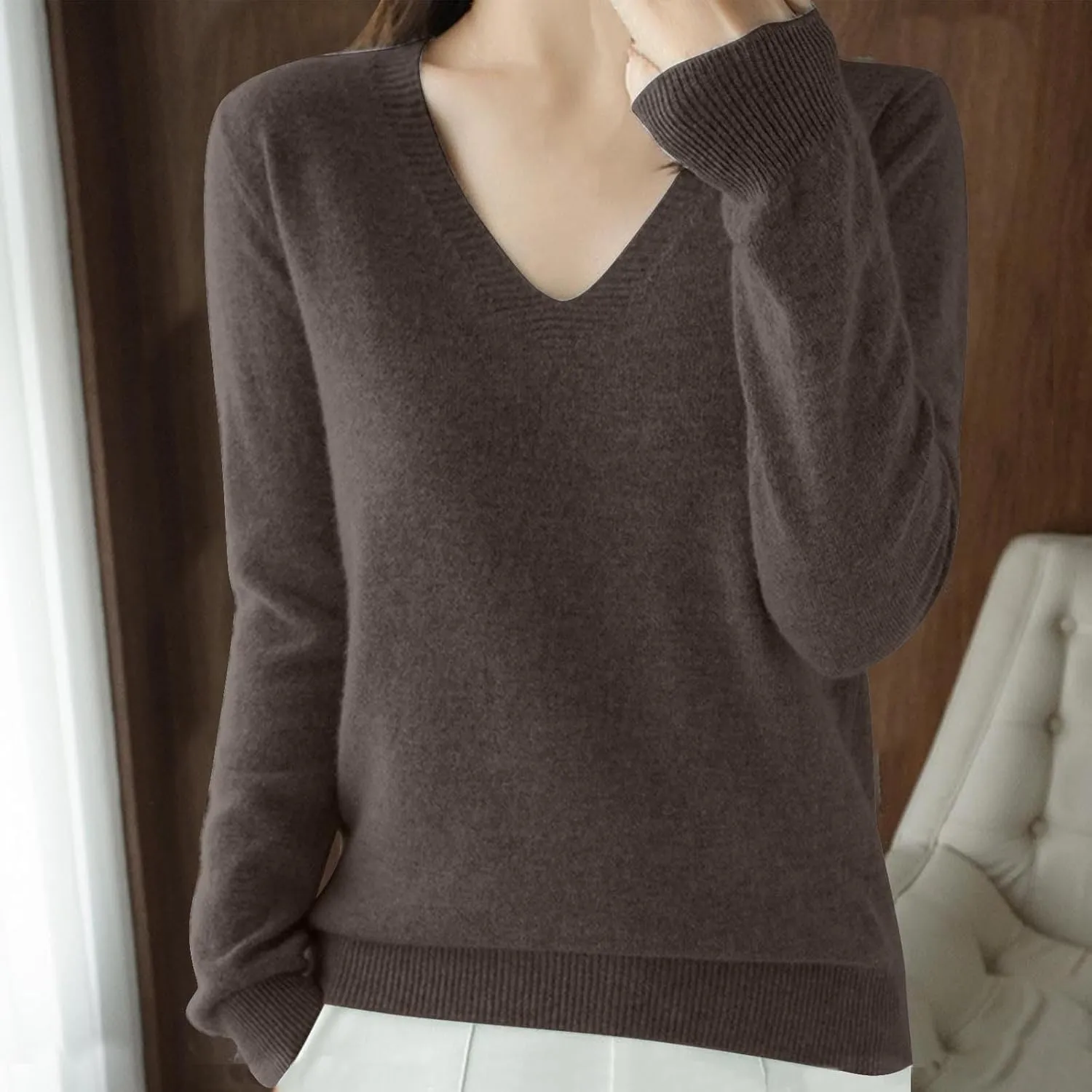 V Neck Cashmere Sweater for Women Fashion Soft Warm Long Sleeve Sweaters Solid Color Lightweight Cozy Trendy Outfits