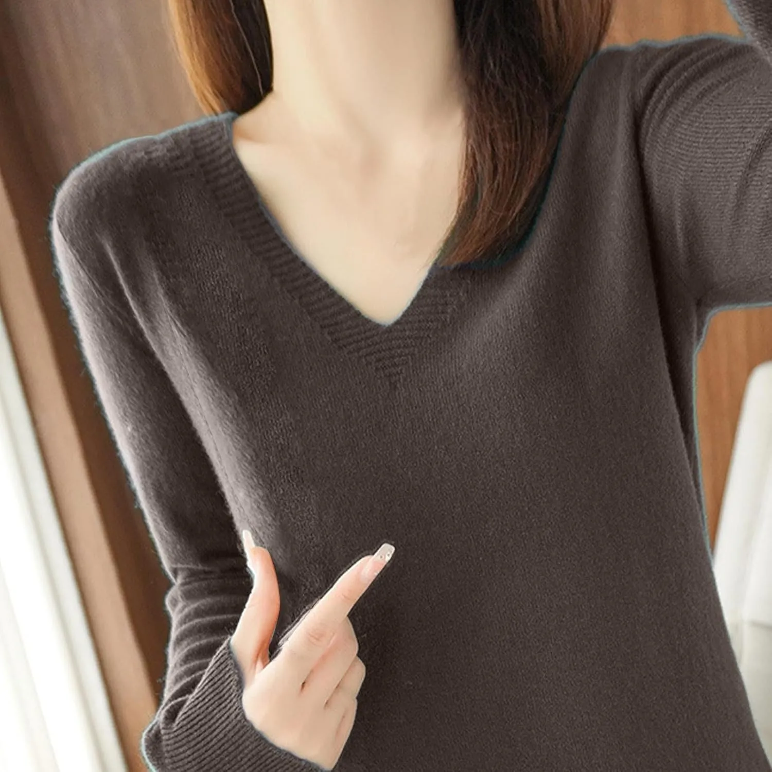 V Neck Cashmere Sweater for Women Fashion Soft Warm Long Sleeve Sweaters Solid Color Lightweight Cozy Trendy Outfits