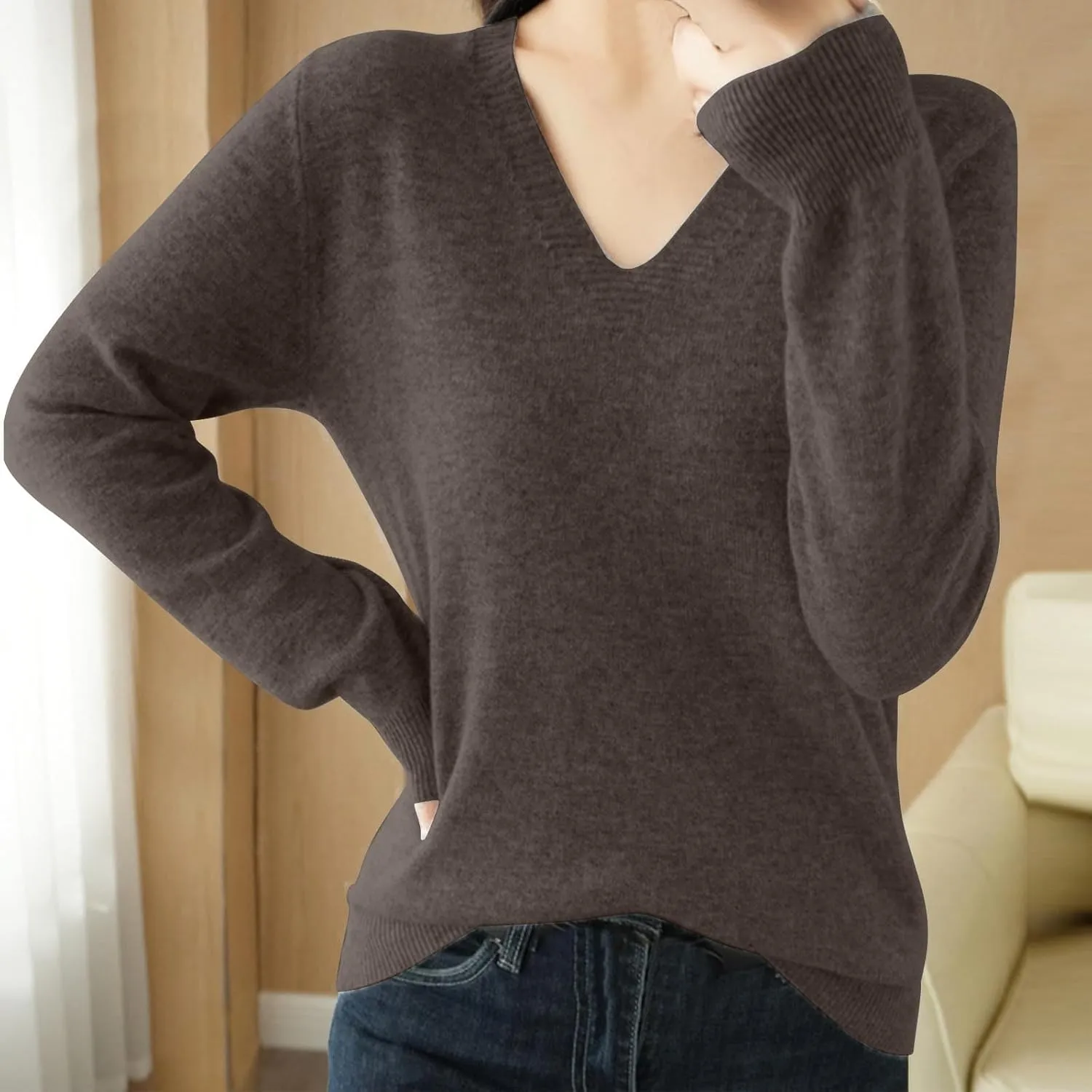 V Neck Cashmere Sweater for Women Fashion Soft Warm Long Sleeve Sweaters Solid Color Lightweight Cozy Trendy Outfits