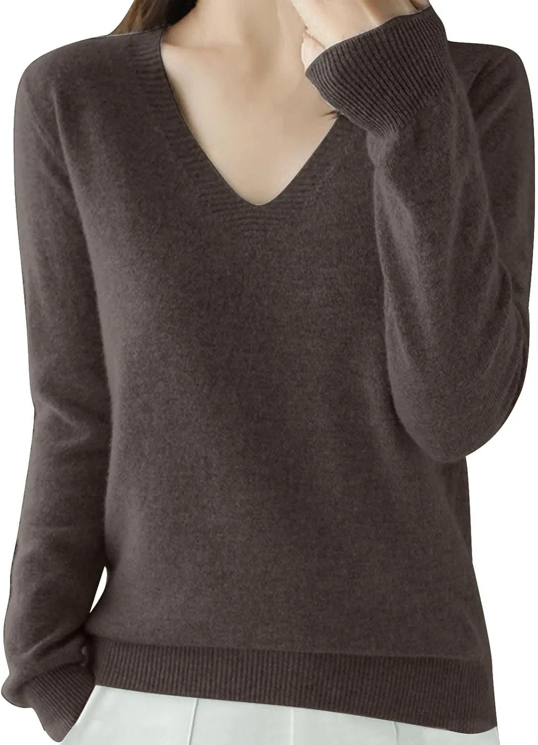 V Neck Cashmere Sweater for Women Fashion Soft Warm Long Sleeve Sweaters Solid Color Lightweight Cozy Trendy Outfits