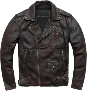 Vintage Distressed Motorcycle Jacket For Men Leather Moto Jackets Cowhide Leather Biker Coats
