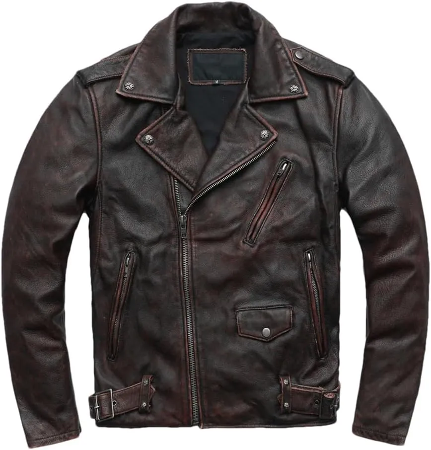Vintage Distressed Motorcycle Jacket For Men Leather Moto Jackets Cowhide Leather Biker Coats