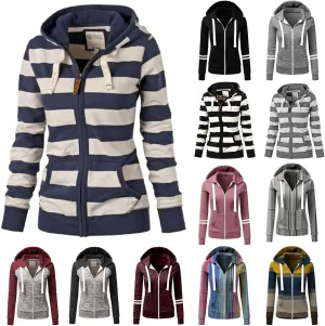 Wankang Women's Striped Color Block Hoodies Long Sleeve Hooded Sweatshirts Zip Up Jacket Pullover Top with Pockets Plus Size