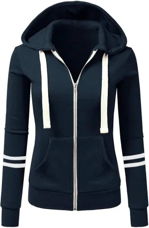 Wankang Women's Striped Color Block Hoodies Long Sleeve Hooded Sweatshirts Zip Up Jacket Pullover Top with Pockets Plus Size