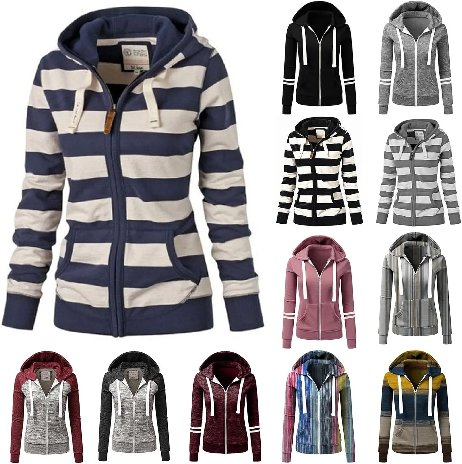 Wankang Women's Striped Color Block Hoodies Long Sleeve Hooded Sweatshirts Zip Up Jacket Pullover Top with Pockets Plus Size
