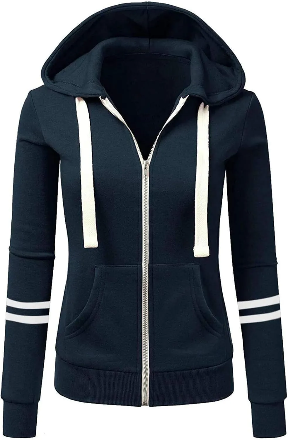 Wankang Women's Striped Color Block Hoodies Long Sleeve Hooded Sweatshirts Zip Up Jacket Pullover Top with Pockets Plus Size