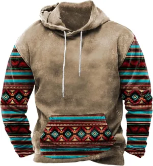 Western Aztec Graphic Men's Vintage Casual Sweatshirt Pullover Tops for Fall & Winter
