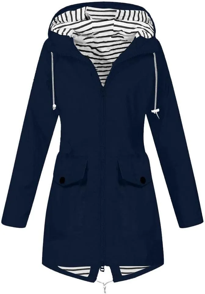 Windproof Jacket for Women Long Sleeve Full Zip Up Hooded Plain Windbreaker with Pocket Ligh Weight Overcoat Zipper Winter