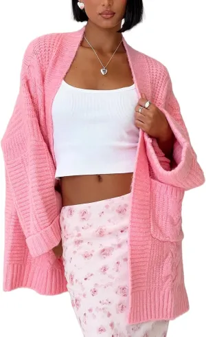 Winioder Chunky Long Cardigan Sweaters for Women Open Front Puff Long Sleeve Cable Knit Oversized Sweater Coat with Pockets
