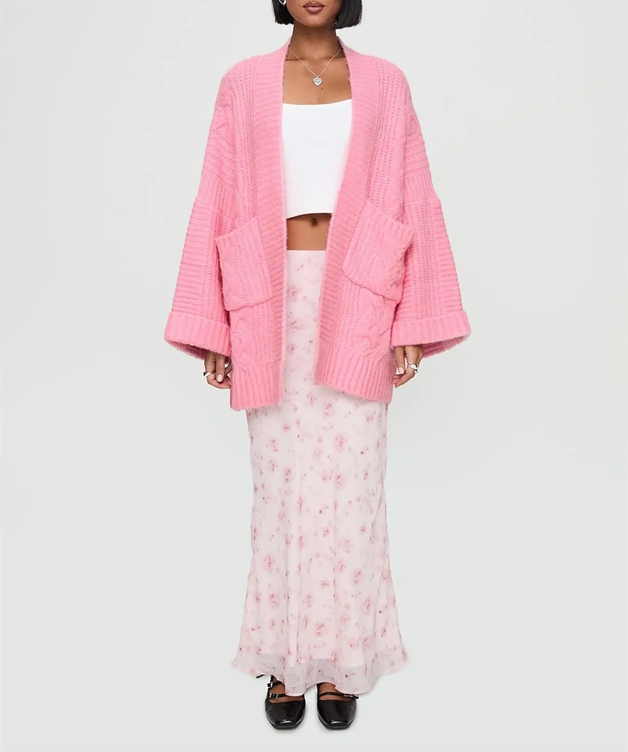 Winioder Chunky Long Cardigan Sweaters for Women Open Front Puff Long Sleeve Cable Knit Oversized Sweater Coat with Pockets