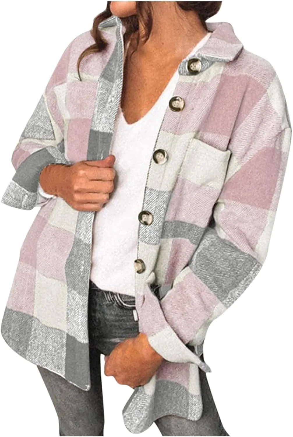 Winter Coats for Women Long Sleeve Plaid Shirts Flannel Lapel Button Down Casual Jacket Loose Outfit Coats