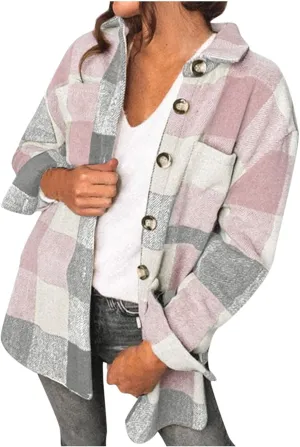 Winter Coats for Women Long Sleeve Plaid Shirts Flannel Lapel Button Down Casual Jacket Loose Outfit Coats