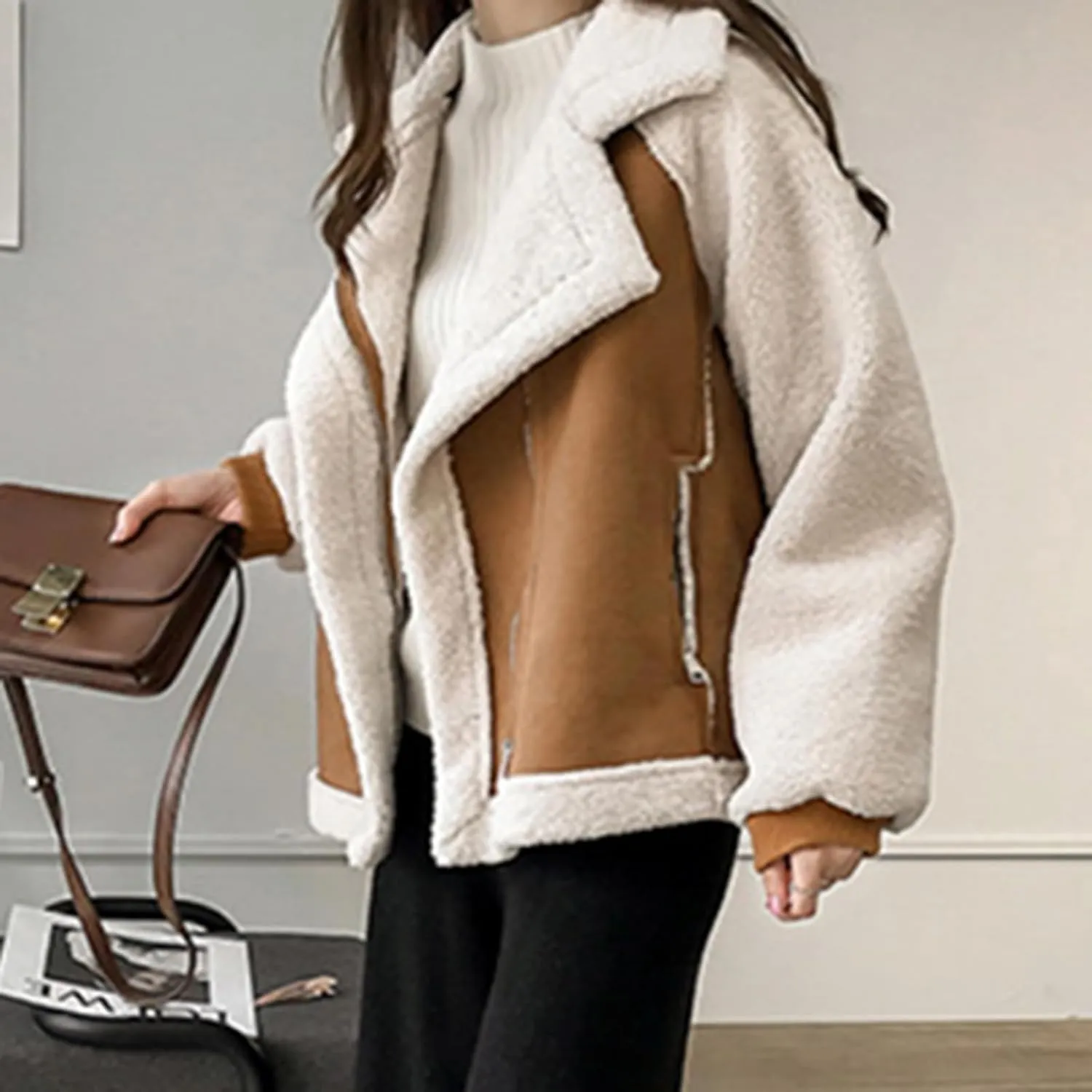 Winter Coats for Women Long Sleeve Suede Faux Leather Jackets Plus Size Sherpa Lined Jackets Motorcycle Coats