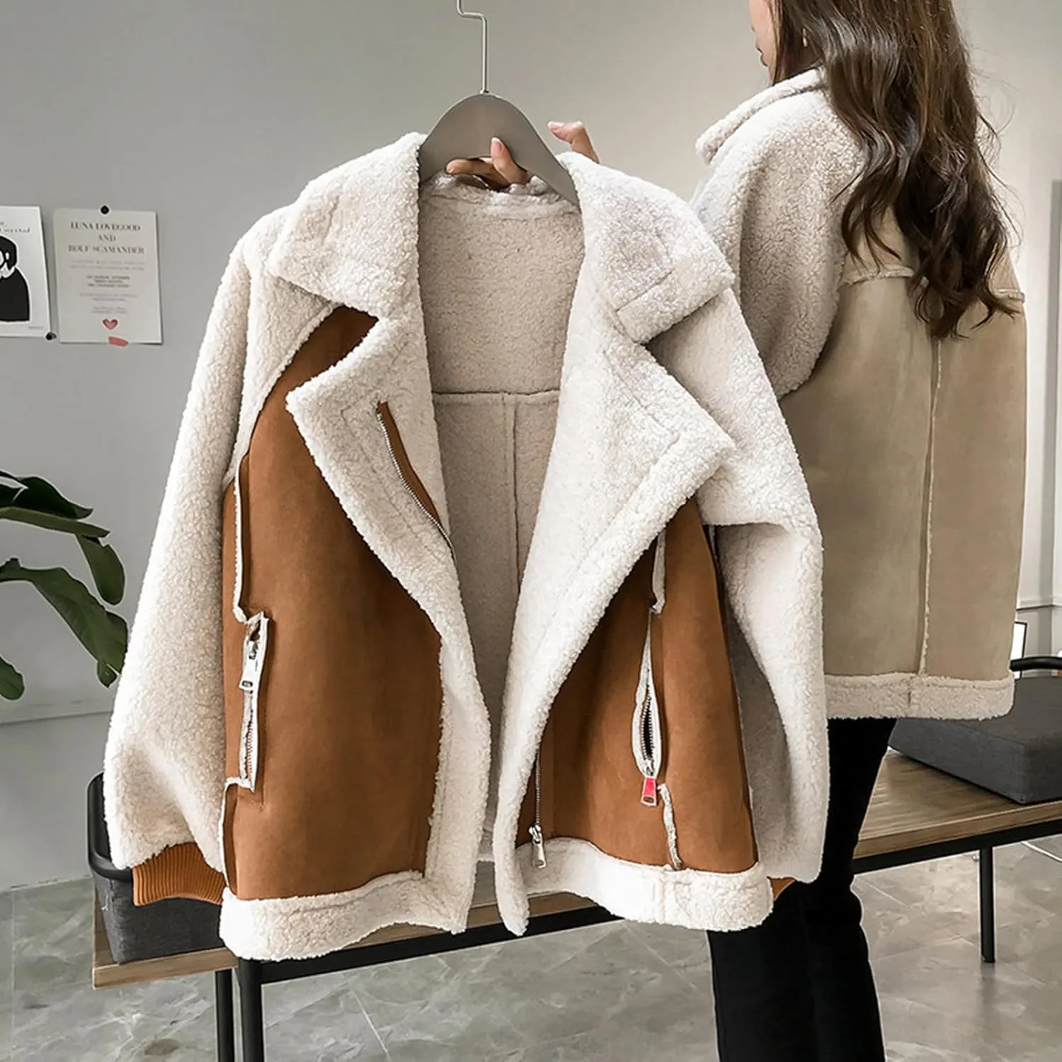 Winter Coats for Women Long Sleeve Suede Faux Leather Jackets Plus Size Sherpa Lined Jackets Motorcycle Coats