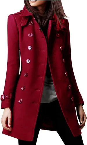 Winter Coats for Women Notched Lapel Double Breasted Pea Coat Thicken Warm Wool Blend Long Jackets Overcoats