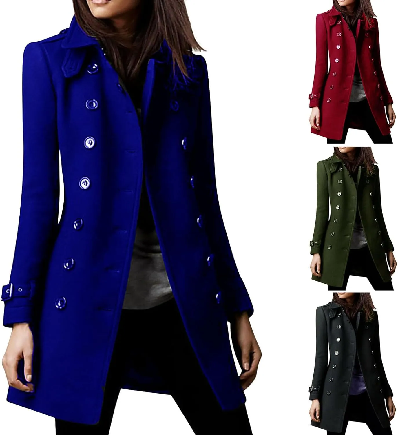 Winter Coats for Women Notched Lapel Double Breasted Pea Coat Thicken Warm Wool Blend Long Jackets Overcoats