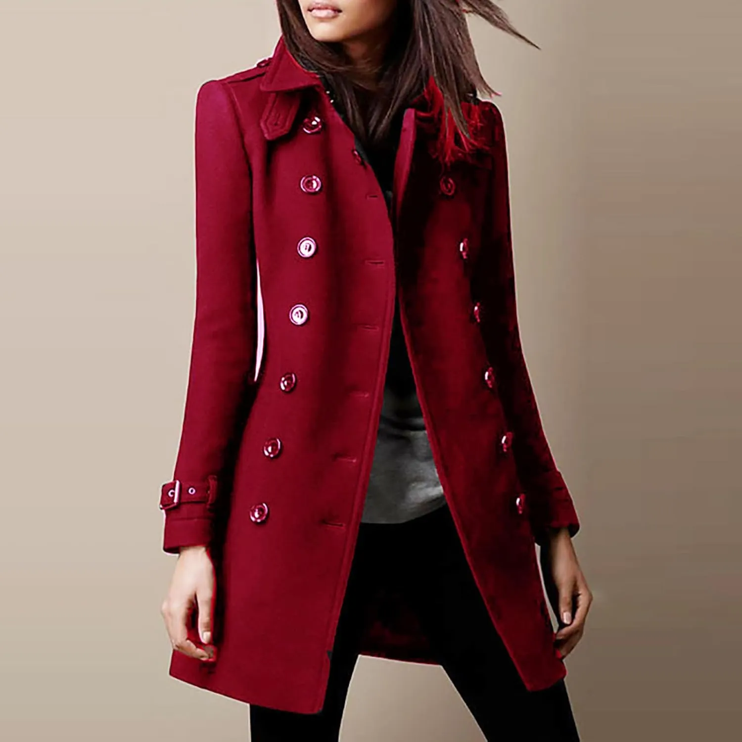 Winter Coats for Women Notched Lapel Double Breasted Pea Coat Thicken Warm Wool Blend Long Jackets Overcoats