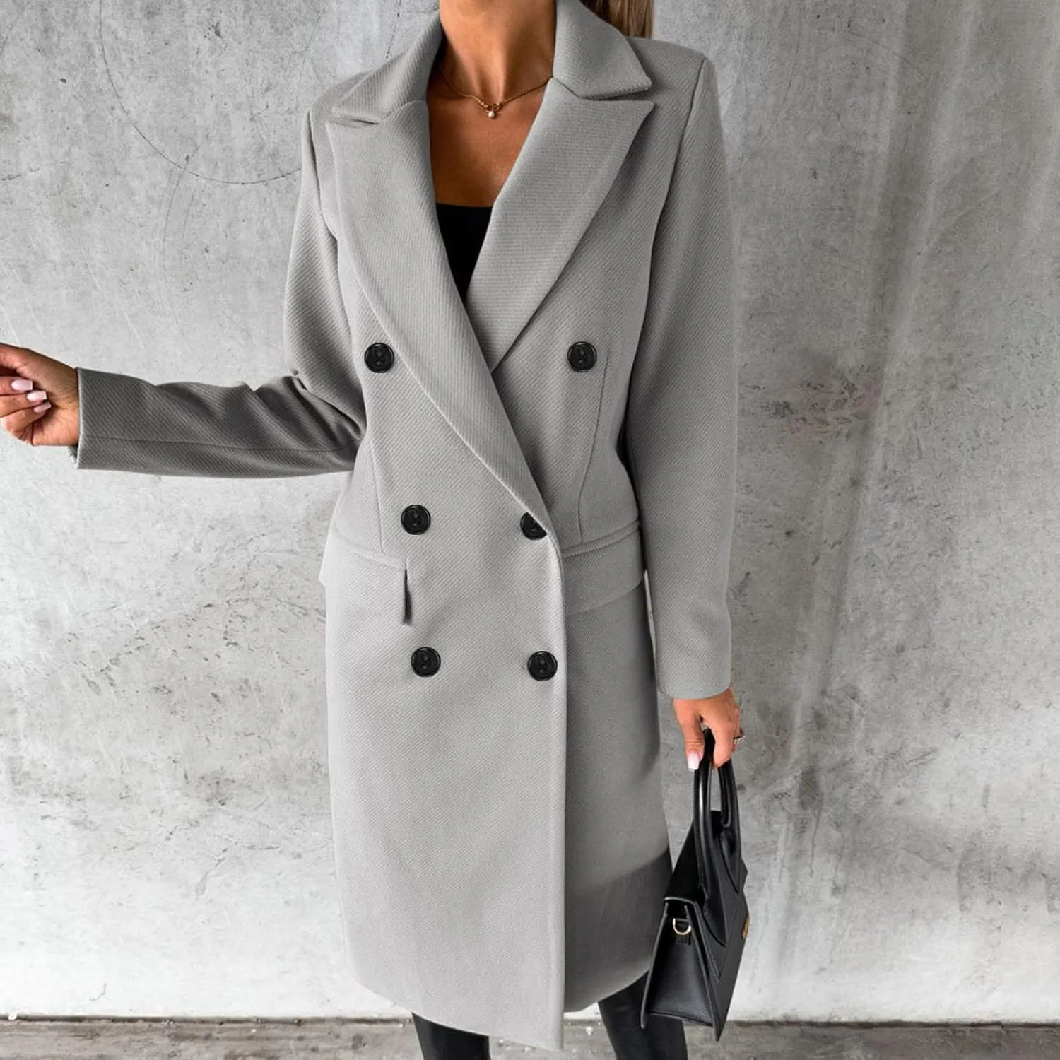 Winter Coats for Women Wool Blend Trench Coat Casual Notch Lapel Double-Breasted Mid Peacoat Overcoats