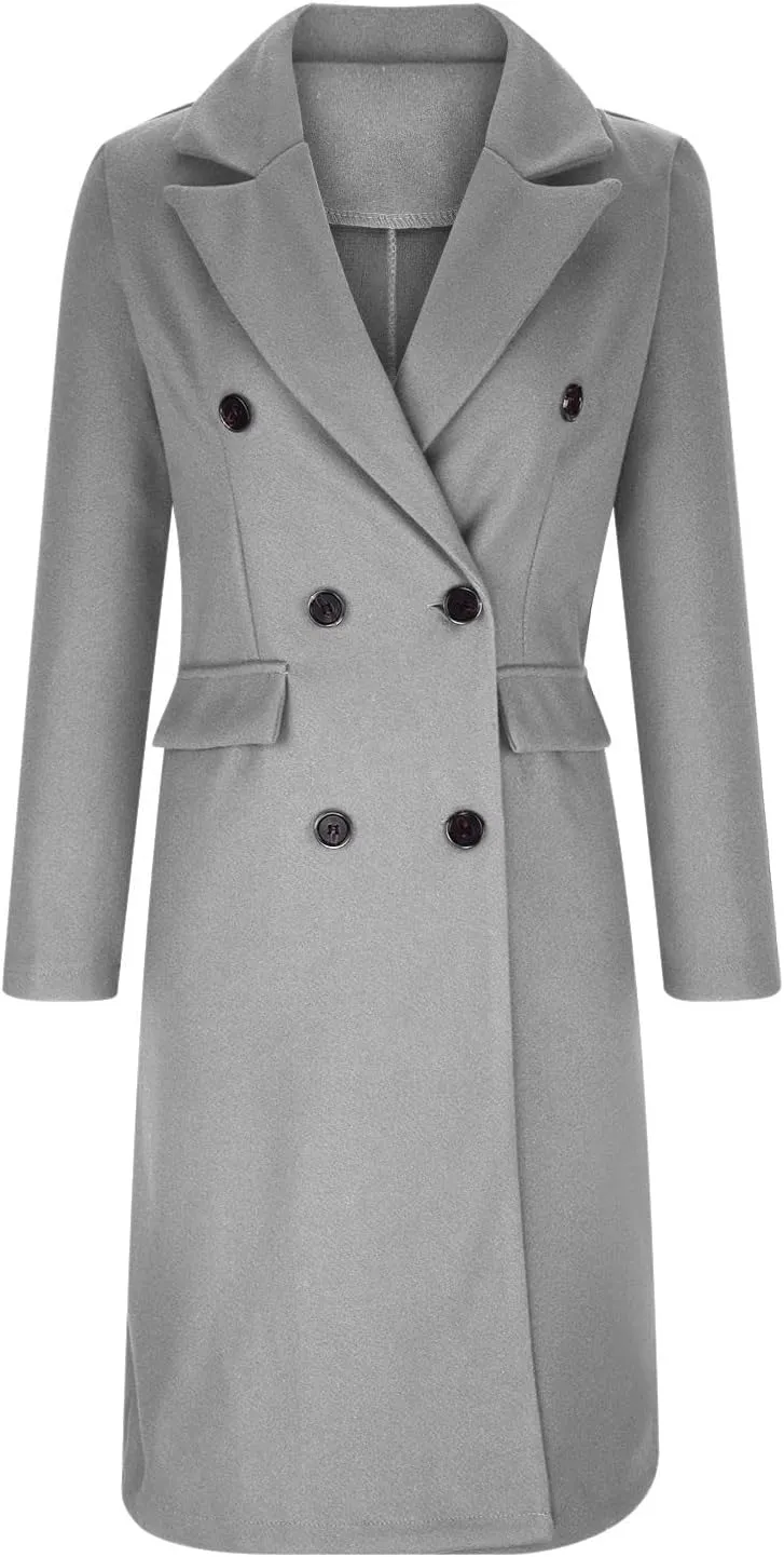 Winter Coats for Women Wool Blend Trench Coat Casual Notch Lapel Double-Breasted Mid Peacoat Overcoats