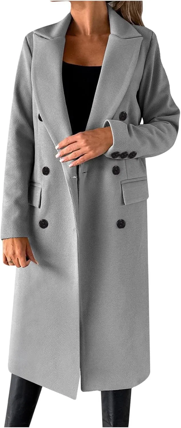 Winter Coats for Women Wool Blend Trench Coat Casual Notch Lapel Double-Breasted Mid Peacoat Overcoats