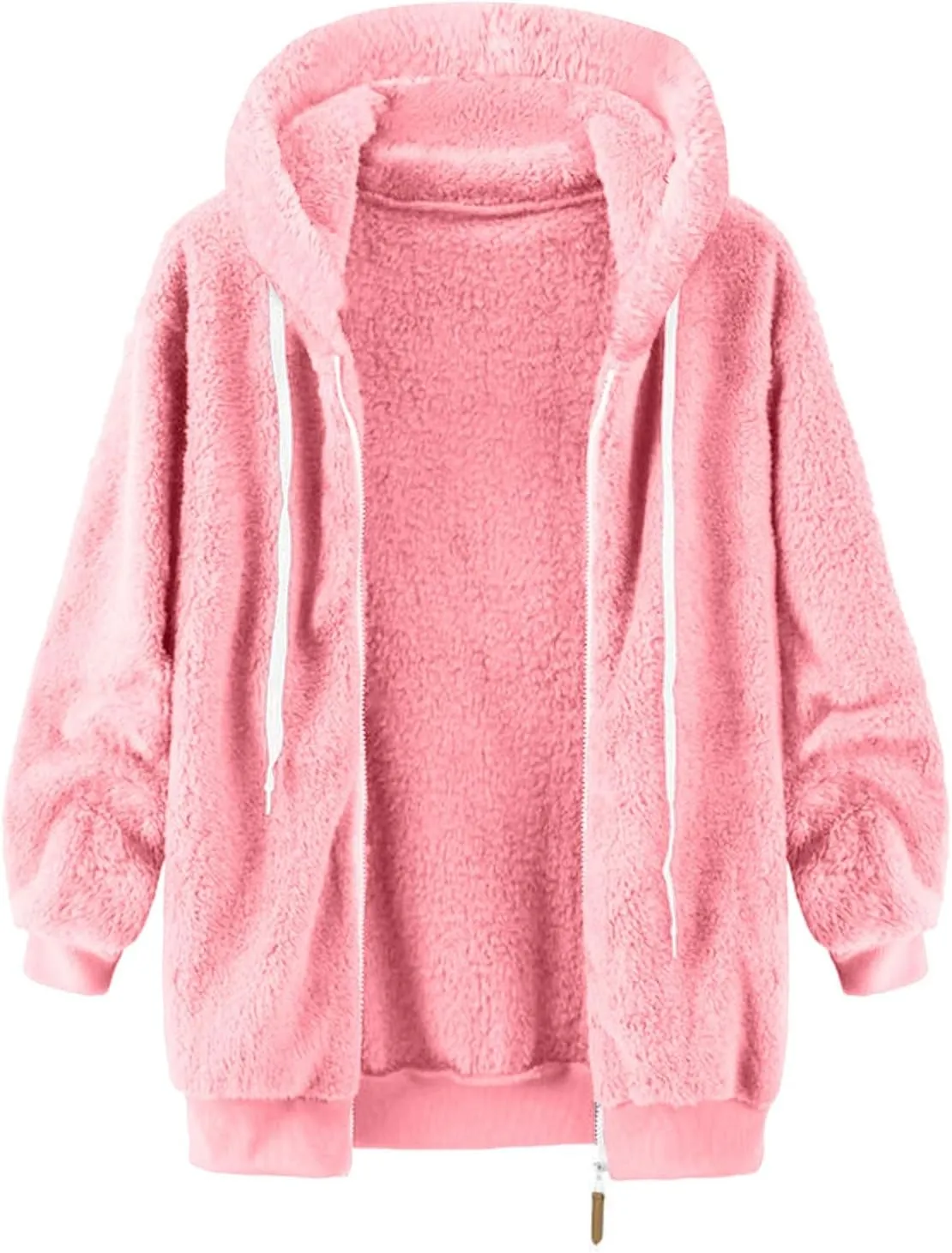 Winter Fleece Coat for Women Loose Fit Warm Fuzzy Long Sleeve Zip Up Jacket with Drawstring Hood Plush Fluffy Hoodies