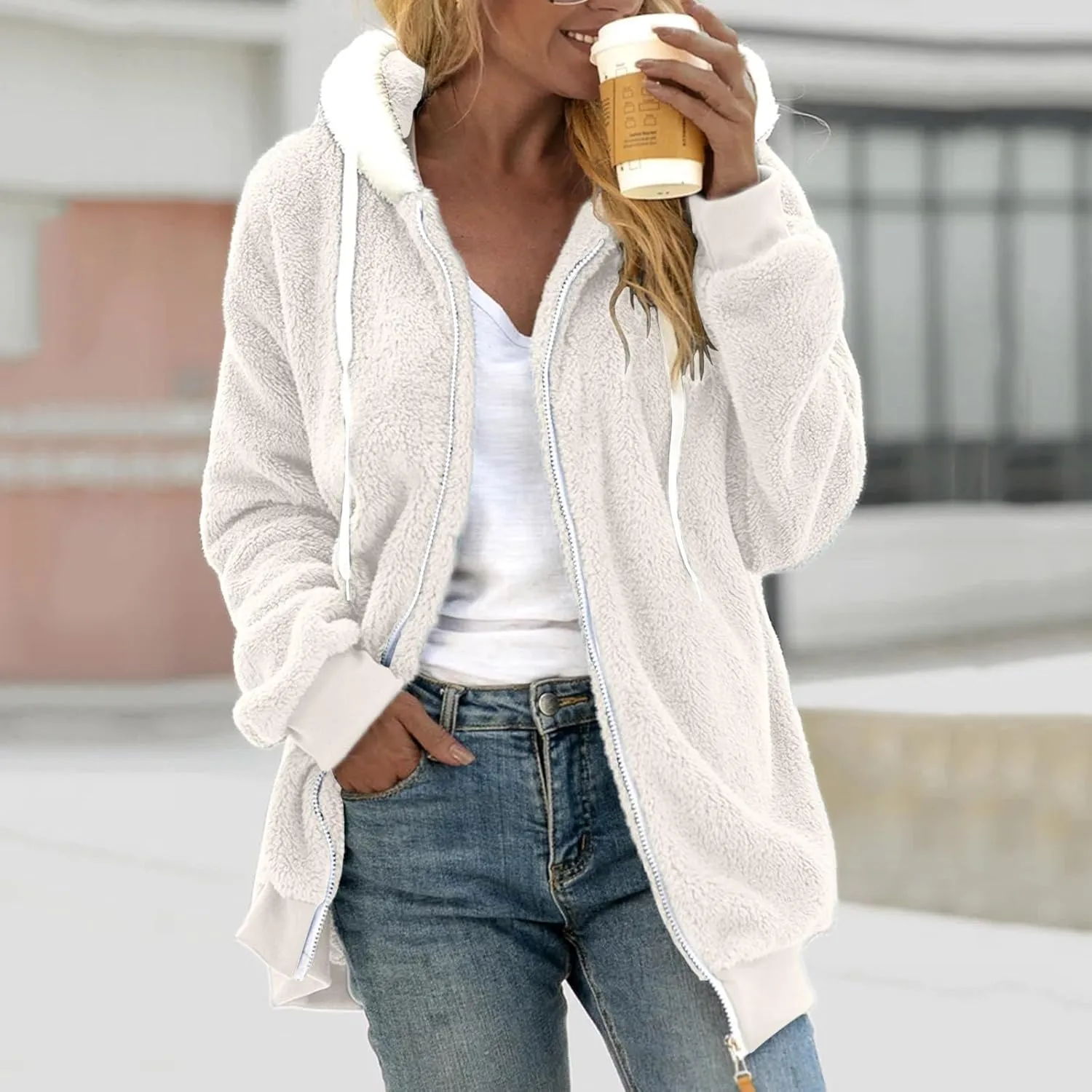 Winter Fleece Coat for Women Loose Fit Warm Fuzzy Long Sleeve Zip Up Jacket with Drawstring Hood Plush Fluffy Hoodies