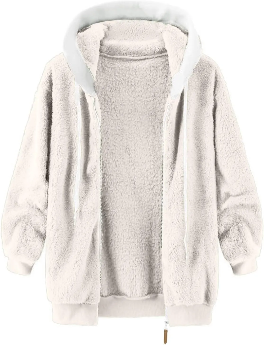 Winter Fleece Coat for Women Loose Fit Warm Fuzzy Long Sleeve Zip Up Jacket with Drawstring Hood Plush Fluffy Hoodies