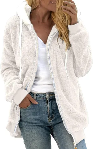 Winter Fleece Coat for Women Loose Fit Warm Fuzzy Long Sleeve Zip Up Jacket with Drawstring Hood Plush Fluffy Hoodies