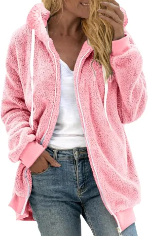 Winter Fleece Coat for Women Loose Fit Warm Fuzzy Long Sleeve Zip Up Jacket with Drawstring Hood Plush Fluffy Hoodies