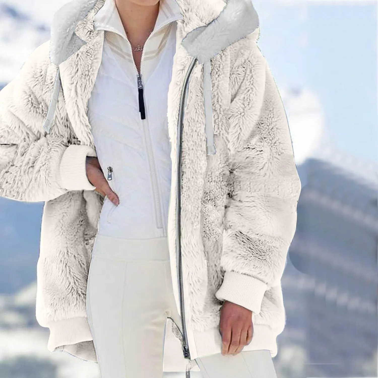 Winter Fleece Coat for Women Loose Fit Warm Fuzzy Long Sleeve Zip Up Jacket with Drawstring Hood Plush Fluffy Hoodies