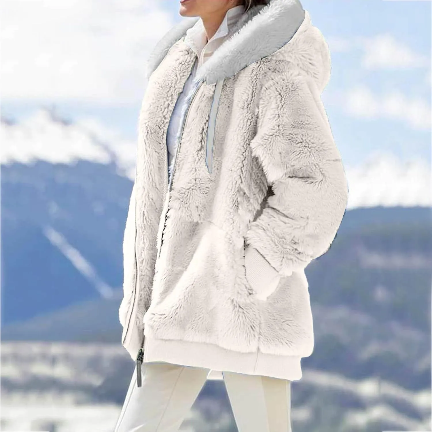 Winter Fleece Coat for Women Loose Fit Warm Fuzzy Long Sleeve Zip Up Jacket with Drawstring Hood Plush Fluffy Hoodies