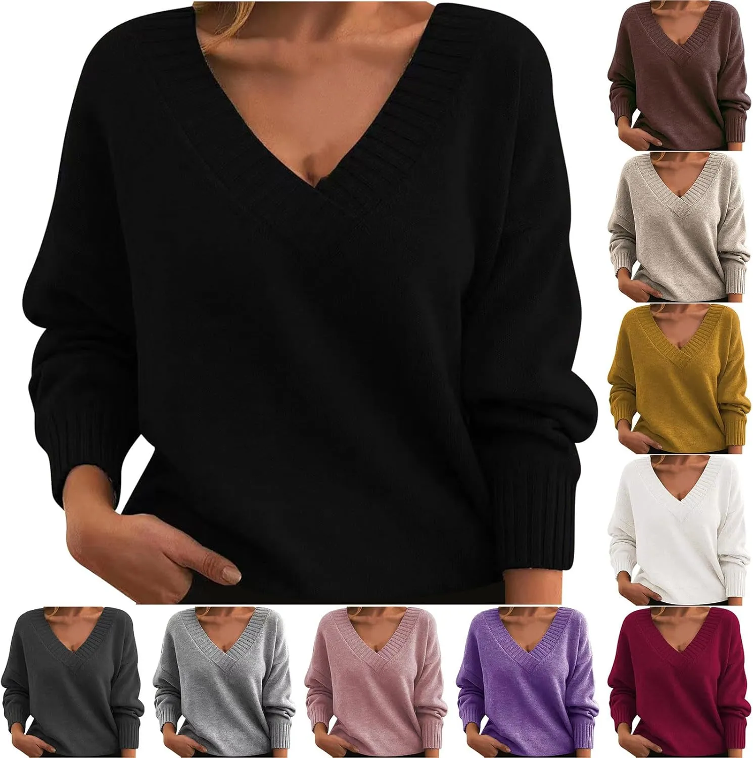 Wkishenl Womens Fall Sweater Long Sleeve V-Neck Knit Pullover Blouse Trendy Dressy Tops Business Casual Outfit Fashion 2024