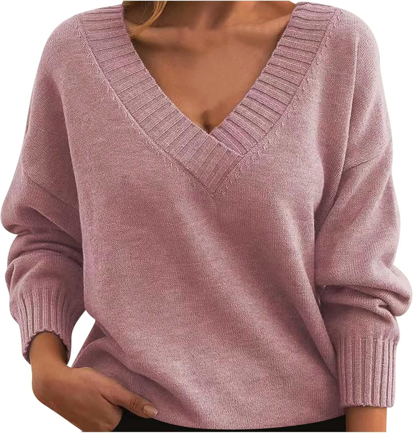 Wkishenl Womens Fall Sweater Long Sleeve V-Neck Knit Pullover Blouse Trendy Dressy Tops Business Casual Outfit Fashion 2024