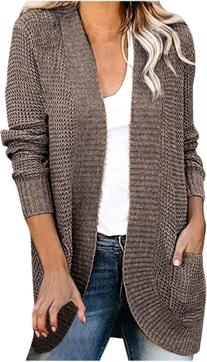 Wkishenl Womens Loose Open Front Cardigan Long Sleeve Chunky Coat Casual Lightweight Soft Knit Sweaters Outwear with Pockets