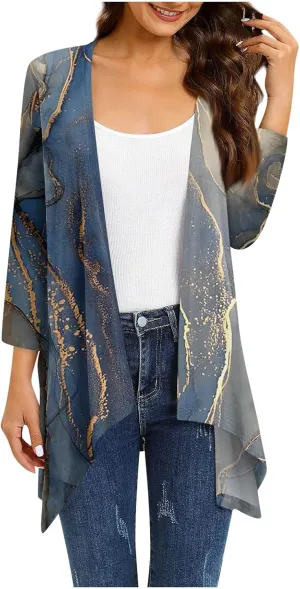 Women Cardigan 2024 3/4 Sleeve Tie Dye Funny Tops Loose Fit Lightweight Blouse Coat Shawl Collar Fall T Shirts