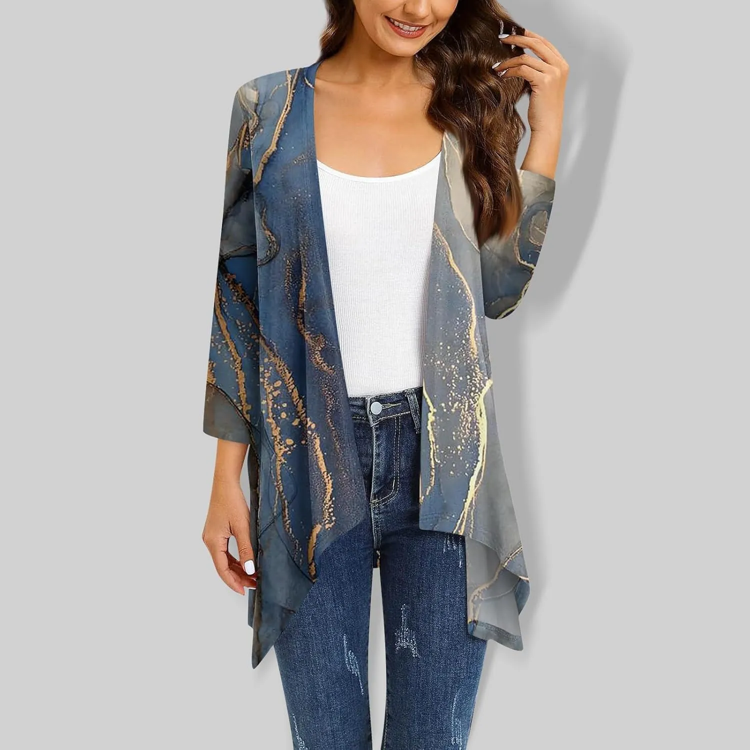 Women Cardigan 2024 3/4 Sleeve Tie Dye Funny Tops Loose Fit Lightweight Blouse Coat Shawl Collar Fall T Shirts