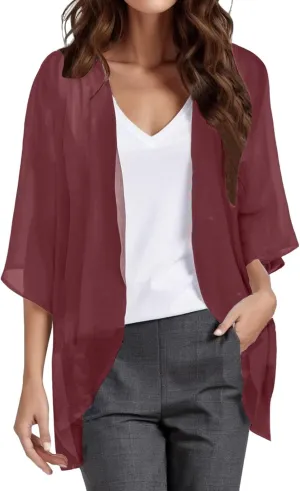 Women Chiffon Kimono Cardigan,Dressy 3/4 Sleeve Chiffon Open Front Lightweight Summer Blouse Tops,Sheer Beach Cover Up