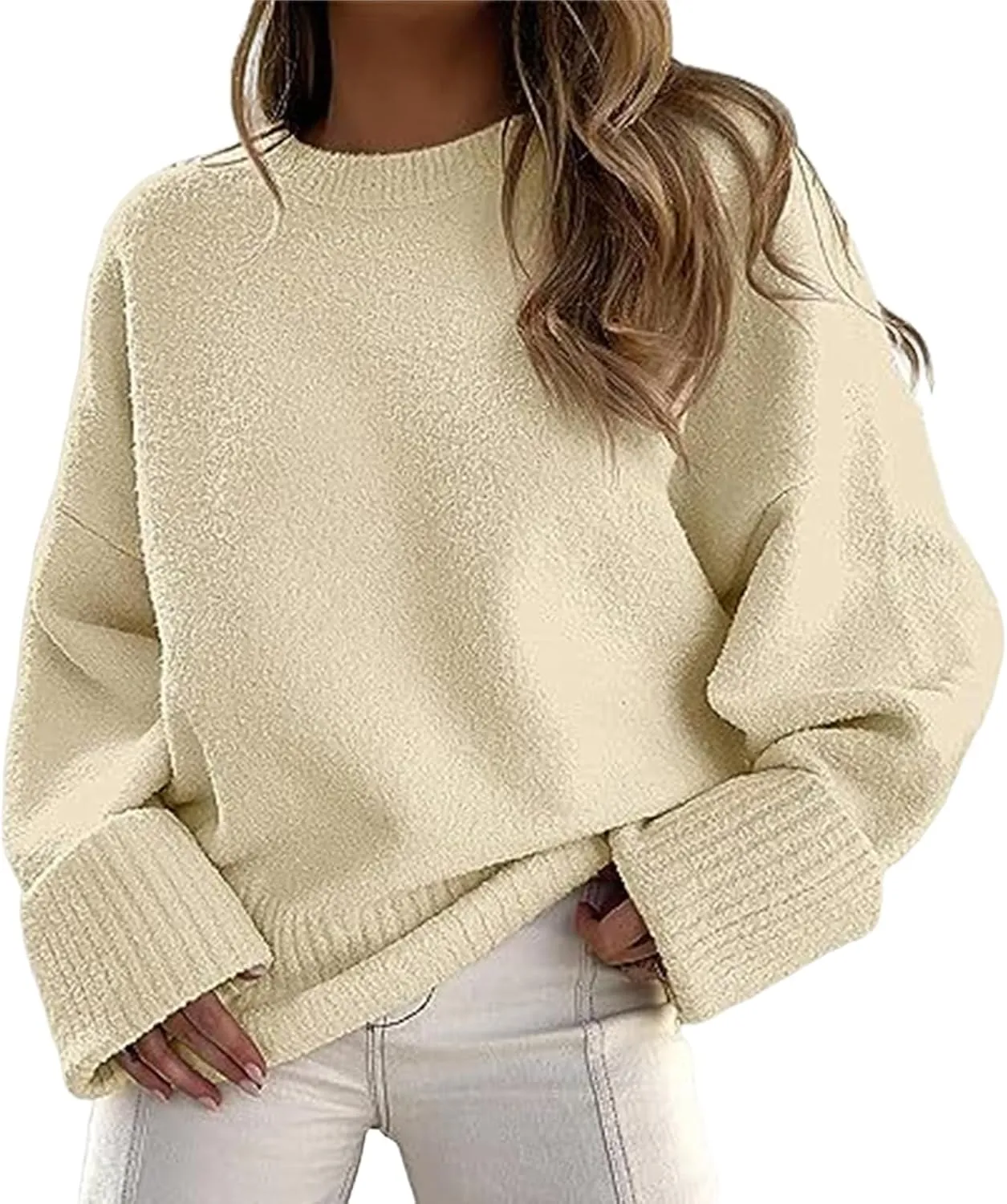 Women Crewneck Oversized Sweaters Long Sleeve Fuzzy Knit Chunky Pullover Sweater Tops Solid Winter Warm Casual Jumpers