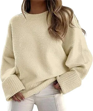 Women Crewneck Oversized Sweaters Long Sleeve Fuzzy Knit Chunky Pullover Sweater Tops Solid Winter Warm Casual Jumpers