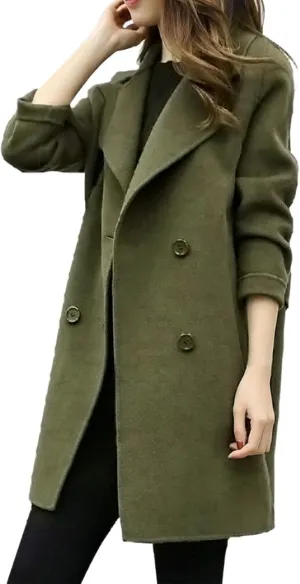 Women Elegant Notched Collar Double Breasted Wool Blend Over Coat Long Sleeve Warm Winter Mid Long Jacket 2024